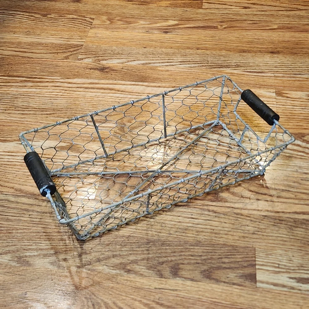 Vintage Chicken Wire Basket with Black Handles